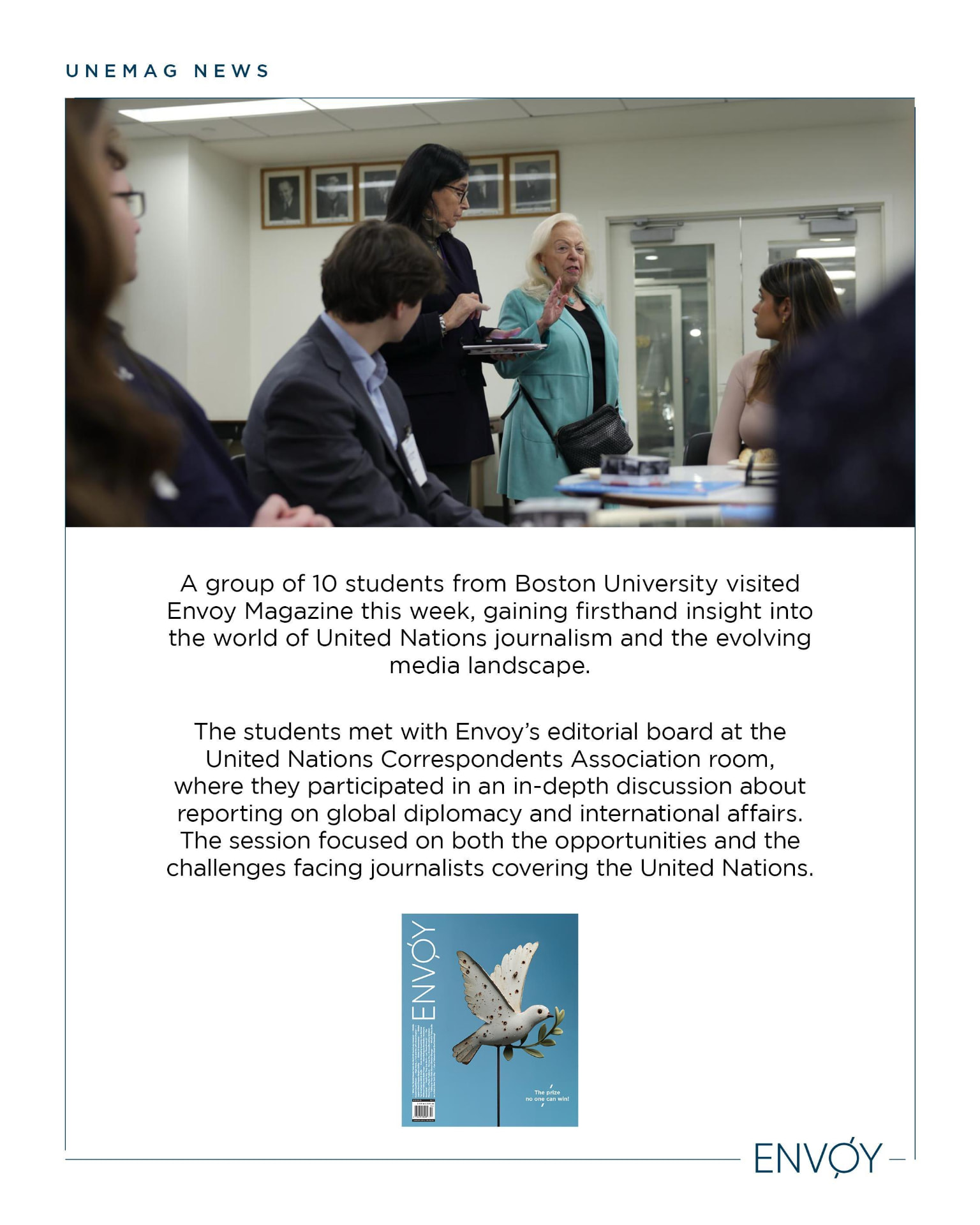 Ten students joined Envoy's editorial board for a discussion on reporting global diplomacy.